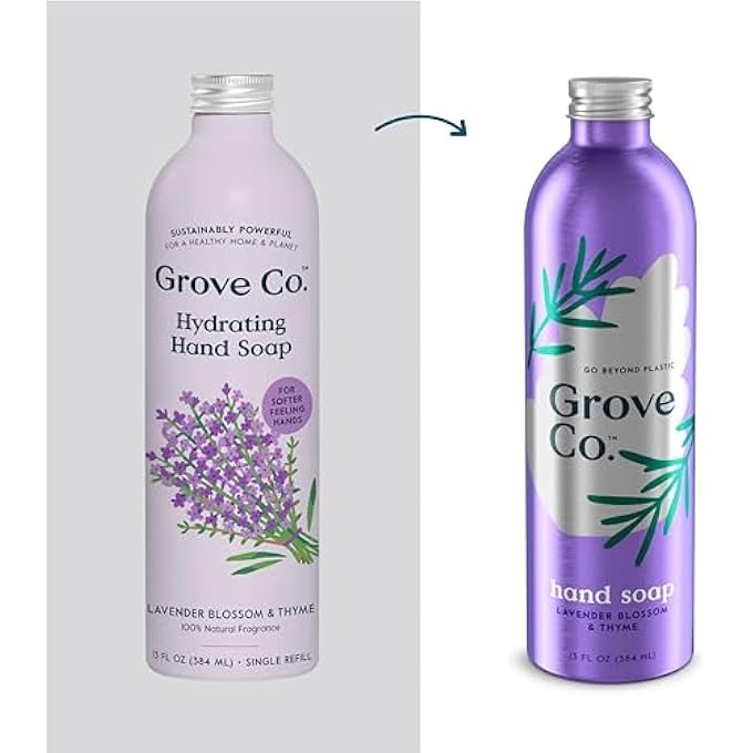 Grove Co. HYDRATING GEL HAND SOAP REFILLS (2 X 13 FL OZ) + 1 X REUSEABLE GLASS SOAP DISPENSER, PLASTIC-FREE & LIQUID REFILLABLE STARTER KIT, NATURAL LAVENDER BLOSSOM & THYME FRAGRANCE - Image 2